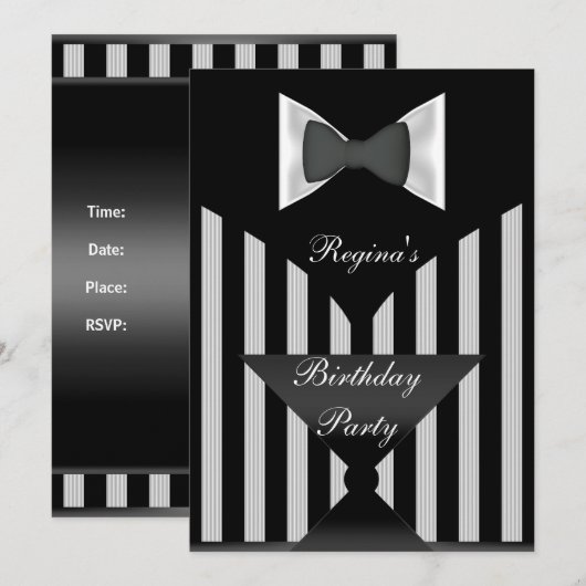 Birthday Party Black White stripe Bow stropdas Kaart (Voorkant / Achterkant)