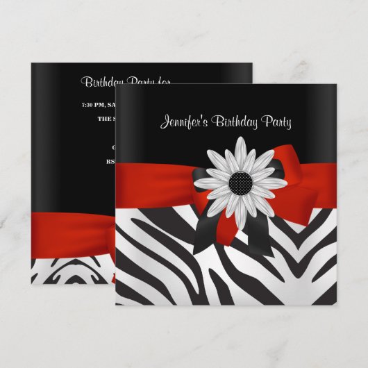 Birthday Party Black Zebra Stripe Red Flower Kaart (Voorkant / Achterkant)