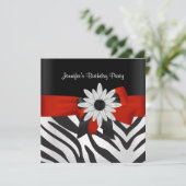 Birthday Party Black Zebra Stripe Red Flower Kaart (Staand voorkant)