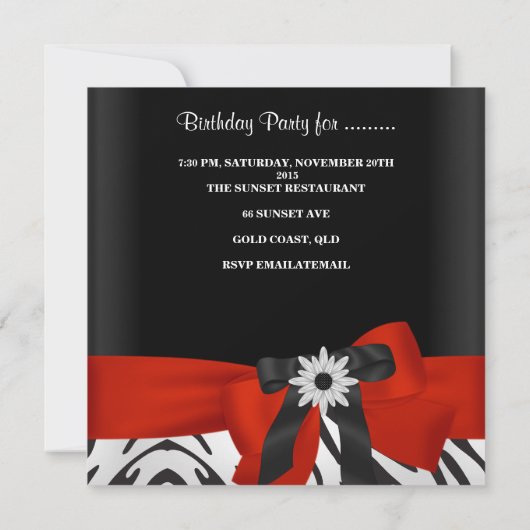 Birthday Party Black Zebra Stripe Red Flower Kaart (Achterkant)