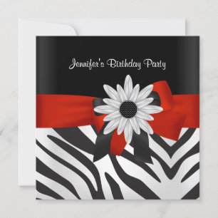 Birthday Party Black Zebra Stripe Red Flower Kaart
