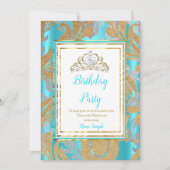 Birthday Party Blauwgroen Blue Gold Damask Gray Ti Kaart (Voorkant)