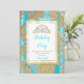 Birthday Party Blauwgroen Blue Gold Damask Gray Ti Kaart (Staand voorkant)