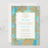 Birthday Party Blauwgroen Blue Gold Damask Gray Ti Kaart (Achterkant)