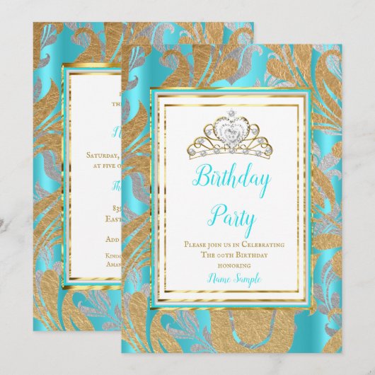 Birthday Party Blauwgroen Blue Gold Damask Gray Ti Kaart (Voorkant / Achterkant)
