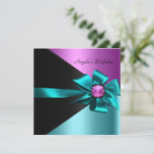 Birthday Party Blauwgroen Blue roze Black Kaart (Staand voorkant)