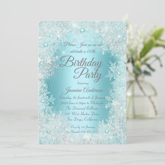 Birthday Party Blauwgroen blue Silver Winter Wonde Kaart (Staand voorkant)