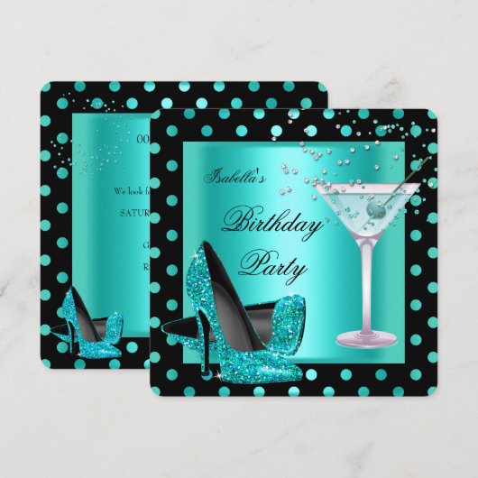 Birthday Party Blauwgroen Blue Turquoise Black 2 Kaart (Voorkant / Achterkant)
