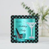 Birthday Party Blauwgroen Blue Turquoise Black 2 Kaart (Staand voorkant)