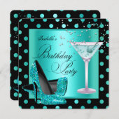 Birthday Party Blauwgroen Blue Turquoise Black Kaart (Voorkant / Achterkant)