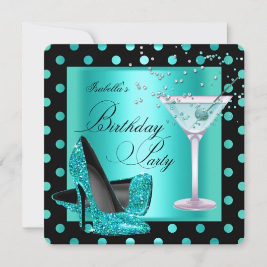Birthday Party Blauwgroen Blue Turquoise Black Kaart (Voorkant)