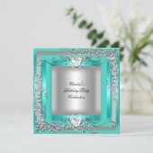 Birthday Party Blauwgroen Blue Turquoise Silver Kaart (Staand voorkant)