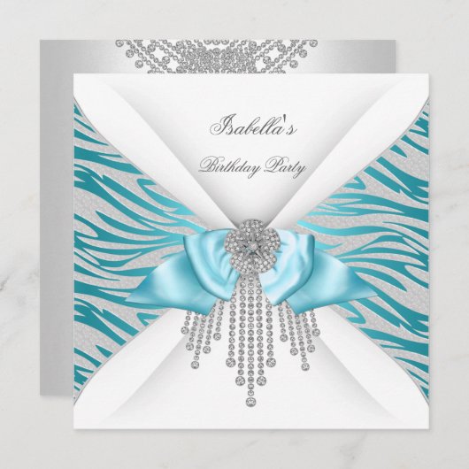Birthday Party Blauwgroen Silver White Zebra Diamo Kaart (Voorkant / Achterkant)