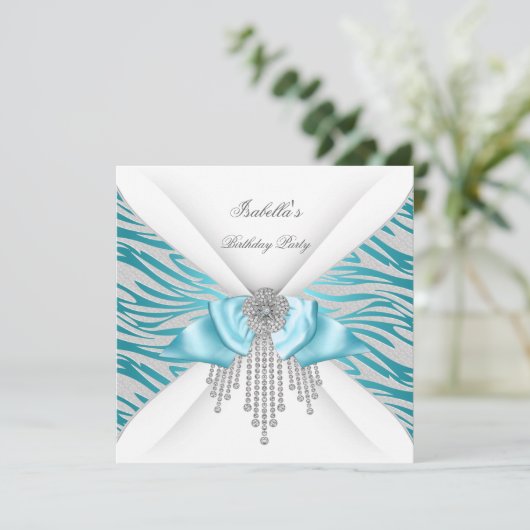 Birthday Party Blauwgroen Silver White Zebra Diamo Kaart (Staand voorkant)