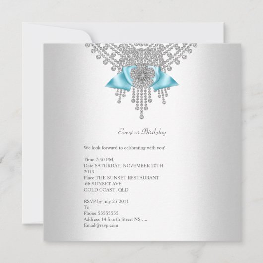 Birthday Party Blauwgroen Silver White Zebra Diamo Kaart (Achterkant)