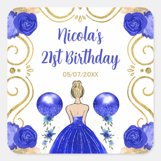 Birthday Party Blonde Princess in Blue Vierkante Sticker (Voorkant)