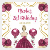 Birthday Party Blonde Princess in Burgundy Red Vierkante Sticker (Voorkant)