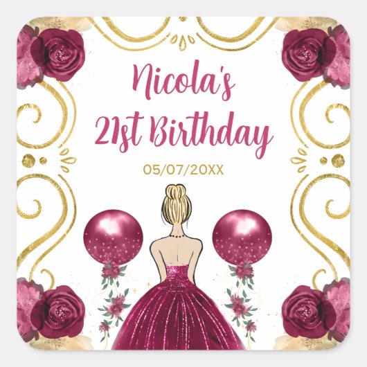Birthday Party Blonde Princess in Burgundy Red Vierkante Sticker (Voorkant)