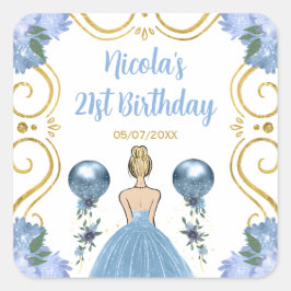 Birthday Party Blonde Princess in Dusty Blue Vierkante Sticker