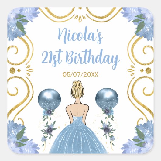 Birthday Party Blonde Princess in Dusty Blue Vierkante Sticker (Voorkant)