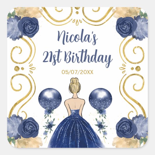 Birthday Party Blonde Princess in Navy Blue Vierkante Sticker (Voorkant)