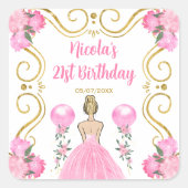 Birthday Party Blonde Princess in Pink Vierkante Sticker (Voorkant)