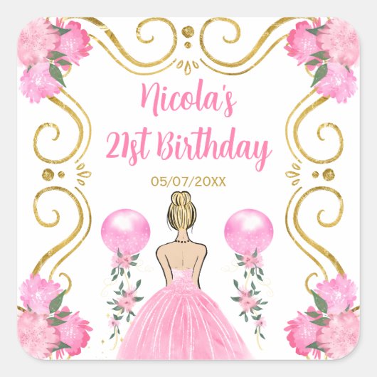 Birthday Party Blonde Princess in Pink Vierkante Sticker (Voorkant)