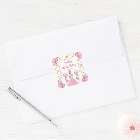 Birthday Party Blonde Princess in Pink Vierkante Sticker (Envelop)
