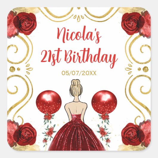 Birthday Party Blonde Princess in Red Vierkante Sticker (Voorkant)