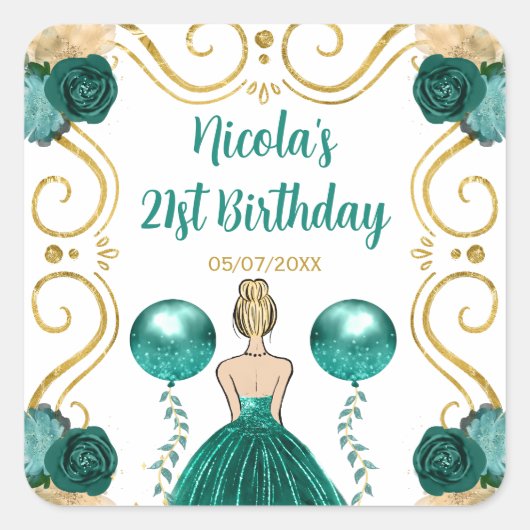 Birthday Party Blonde Princess in Teal Vierkante Sticker (Voorkant)