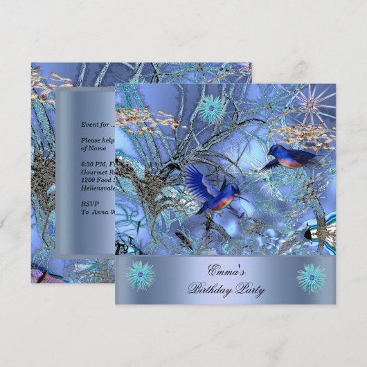 Birthday Party Blue Birds Enchanted Kaart (Voorkant / Achterkant)