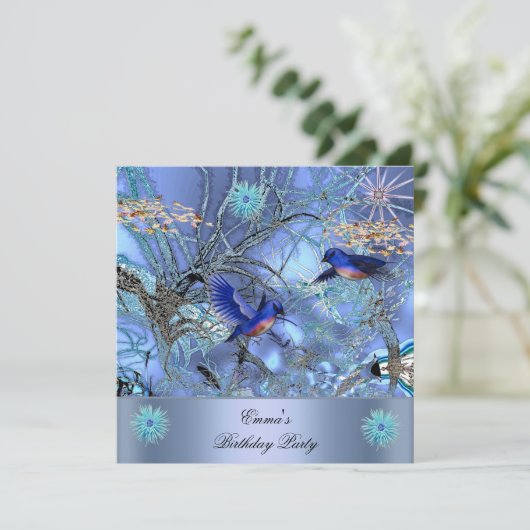 Birthday Party Blue Birds Enchanted Kaart (Staand voorkant)