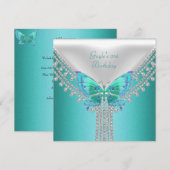 Birthday Party Blue Blauwgroen White Butterfly Kaart (Voorkant / Achterkant)