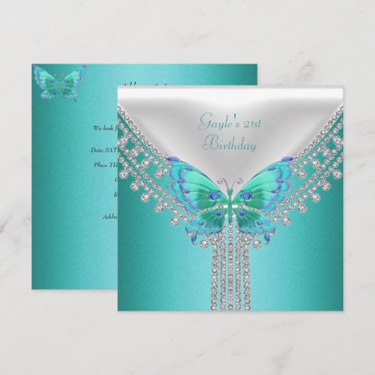 Birthday Party Blue Blauwgroen White Butterfly Kaart (Voorkant / Achterkant)