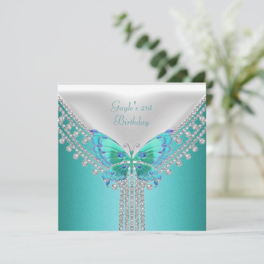 Birthday Party Blue Blauwgroen White Butterfly Kaart (Staand voorkant)