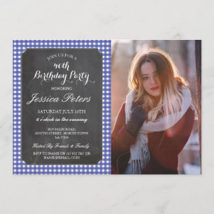 Birthday Party Blue Check Rustic Chalk Foto Kaart