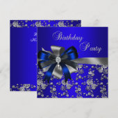 Birthday Party Blue Damask Pearl Silver Black Kaart (Voorkant / Achterkant)