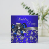 Birthday Party Blue Damask Pearl Silver Black Kaart (Staand voorkant)