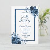 Birthday party blue florals white Silver Kaart (Staand voorkant)