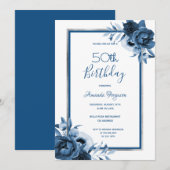 Birthday party blue florals white Silver Kaart (Voorkant / Achterkant)