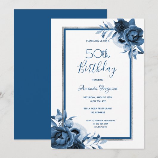 Birthday party blue florals white Silver Kaart (Voorkant / Achterkant)