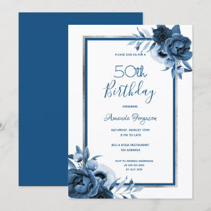 Birthday party blue florals white Silver Kaart