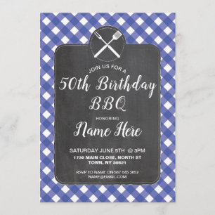 Birthday Party Blue Gingham Chalk BBQ Invite Kaart