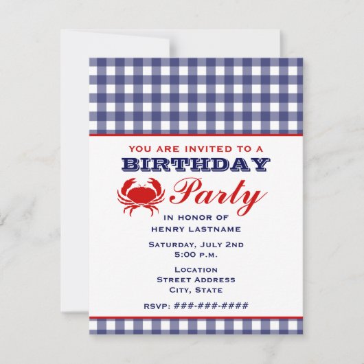 Birthday Party Blue Gingham & Crab Kaart (Voorkant)