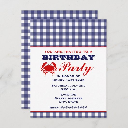 Birthday Party Blue Gingham & Crab Kaart (Voorkant / Achterkant)