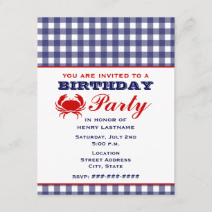 Birthday Party Blue Gingham & Crab Kaart