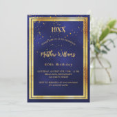 Birthday party blue gold year geboorte luxe kaart (Staand voorkant)