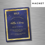 Birthday party blue gold year geboorte luxe magnetische uitnodiging<br><div class="desc">Een donkerblauwe,  marineblauwe achtergrond. De blauwe kleur is ongelijk. Met een gouden lijst en gouden confetti sprinkle,  gouden gekleurde letters. Personaliseer en voeg geboortejaar,  naam,  partijgegevens toe.</div>