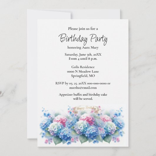 Birthday Party Blue Hydrangea Flower Invitation Kaart (Voorkant)