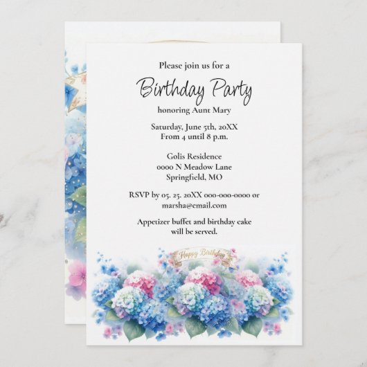 Birthday Party Blue Hydrangea Flower Invitation Kaart (Voorkant / Achterkant)
